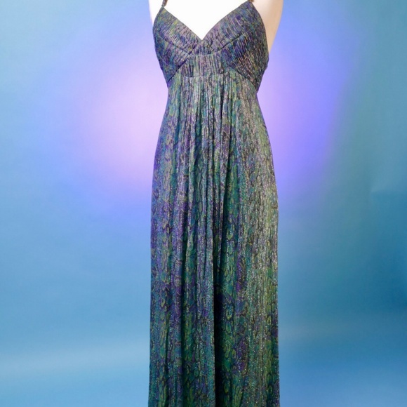 BCBG Max Azria Silk Metallic Snake Print Halter Maxi with Chain Detail - Picture 6 of 7